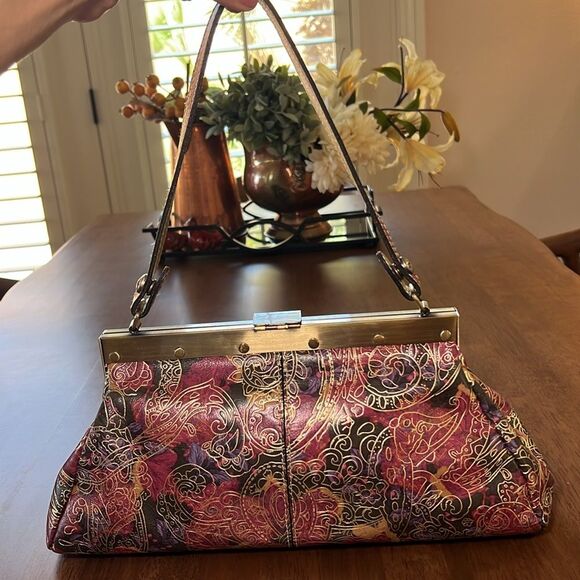 Patricia Nash Ferrara Leather Frame Satchel Retro Floral Embossed Hobo Bag - Picture 5 of 12